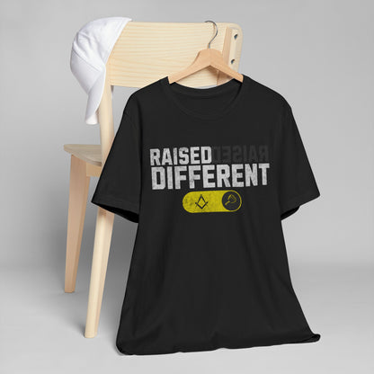 Raised Different T-Shirt — Bold Yellow Accent Graphic Tee