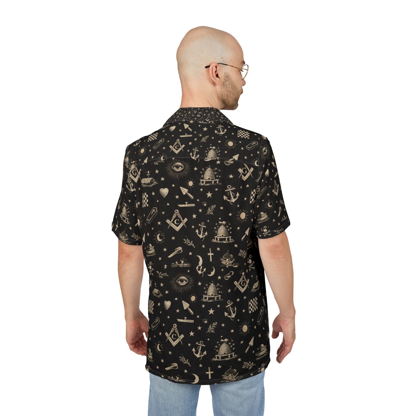 Tropical Icon Pattern Hawaiian Shirt — Vintage Black Masonic Symbolism & Symbols Print