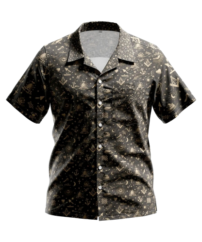 Tropical Icon Pattern Hawaiian Shirt — Vintage Black Masonic Symbolism & Symbols Print
