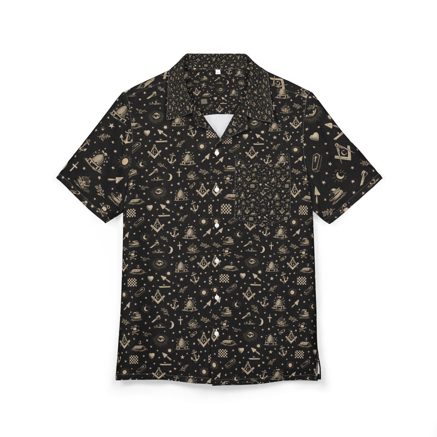 Tropical Icon Pattern Hawaiian Shirt — Vintage Black Masonic Symbolism & Symbols Print