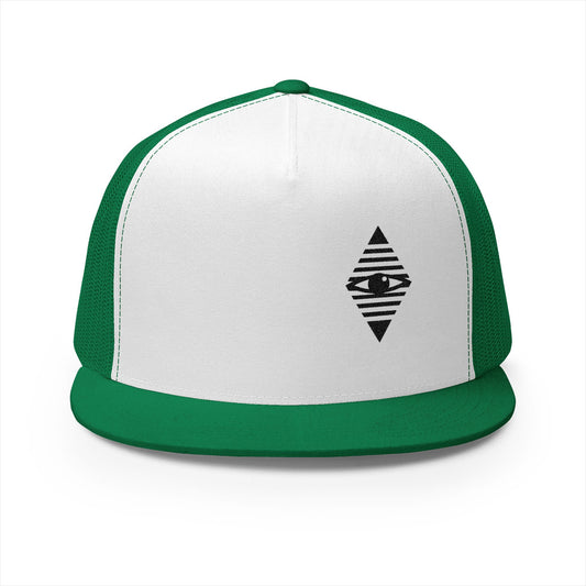 Embroidered Black Tribal All Seeing Eye — Green/White Mesh Snapback
